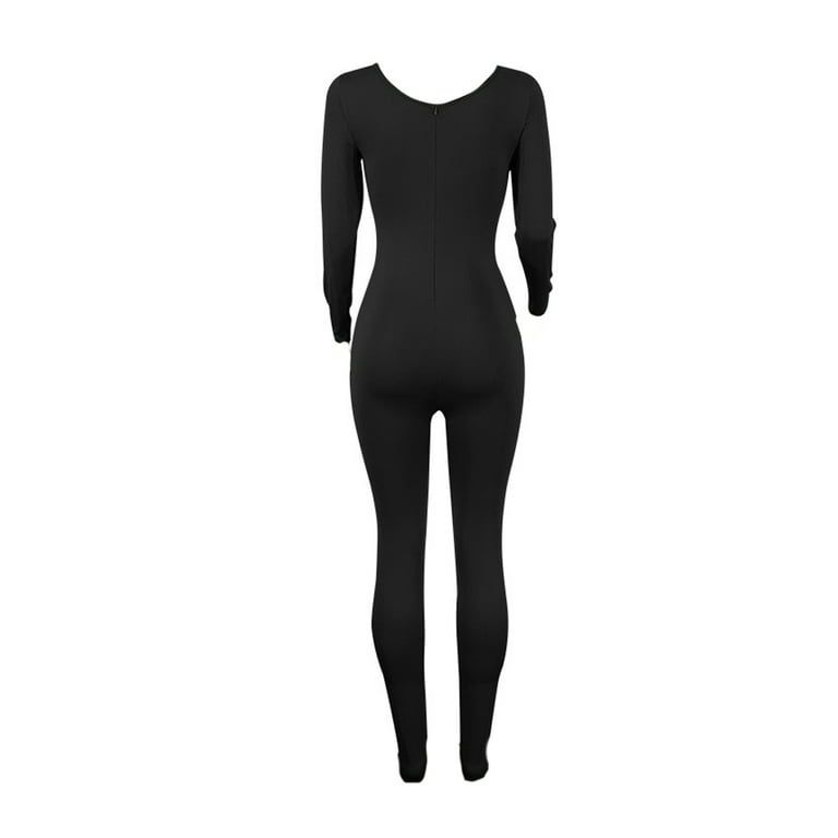 Grianlook Women Casual Long Sleeve Pants Square Neck Solid Color Jumpsuits  Party Tights Bodysuit Black M