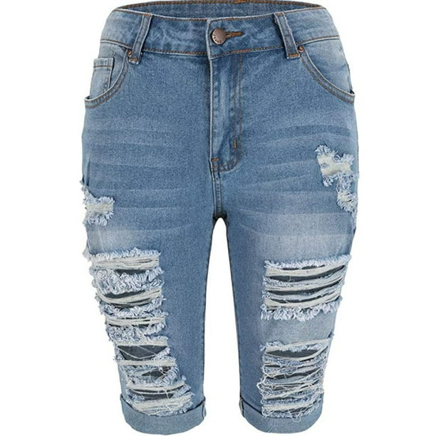 Plus Size Jeans for Women Elastic Destroyed Hole Leggings Short Denim Shorts  Ripped Pants 