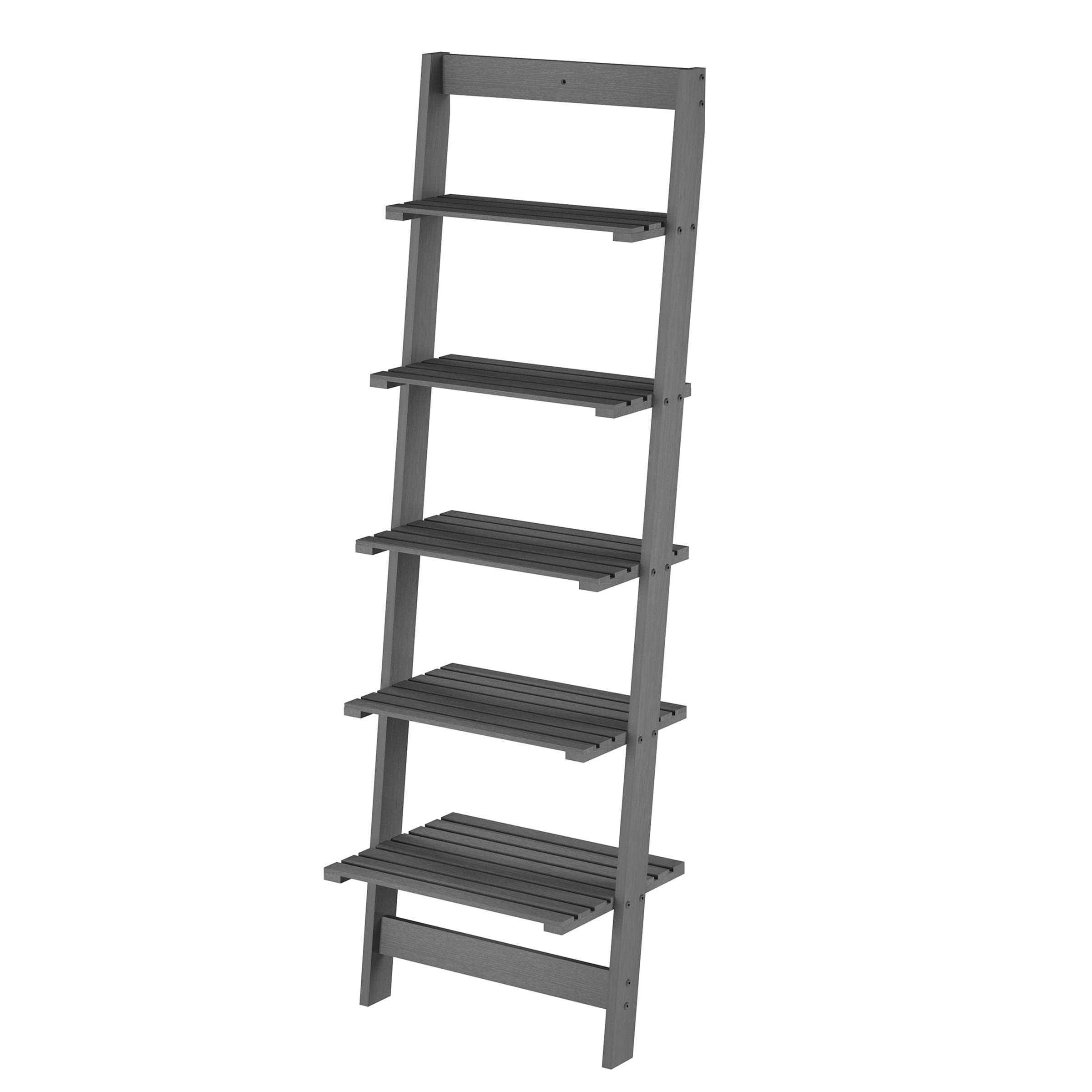 Lavish Home 5-Tier Slatted Wood Leaning Ladder Shelf for Narrow Storage, Wooden Bookcase for Living Room, Bathroom, Kitchen, Office or Bedroom, Gray Finish
