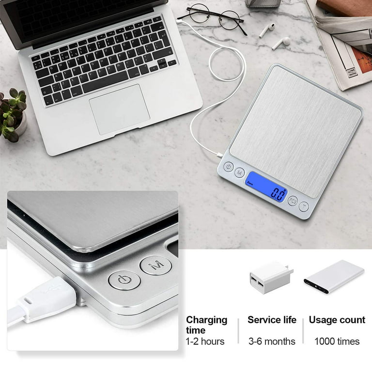 CHWARES Food Scale, Rechargeable Kitchen Scale with Trays 3000g/0.1g, Mini  Scale with Tare Function Digital Scale Grams and Ounces for Weight Loss