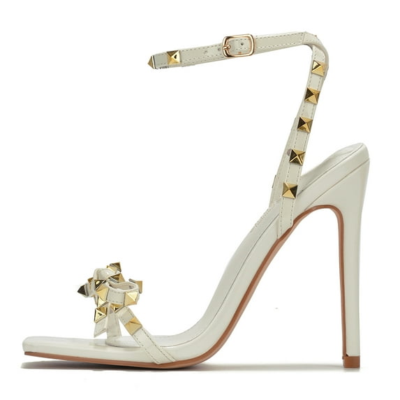Cape Robbin Women Sexy Stiletto High Heels Gold Studded Square Toe Ankle Strap Bow CAFENOIR White 8