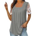 thumbnail image 3 of Blusas para mujer moda 2023 Casual cuello cuadrado Color sólido encaje Patchwork plisado blusa manga corta camisas de verano, 3 of 5