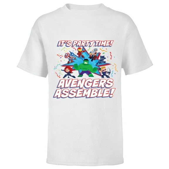 Marvel Avengers Assemble It’s Party Time Toony Birthday - Short Sleeve T-Shirt for Kids - Customized-White
