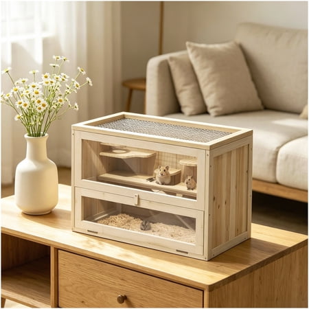 Small Animal Cage with Openable Roof Wire Mesh Wooden Habitat for Guinea Pig Hamster Mouse Gerbil Chinchilla Natural Finish Multi-Level Platform Indoor Home