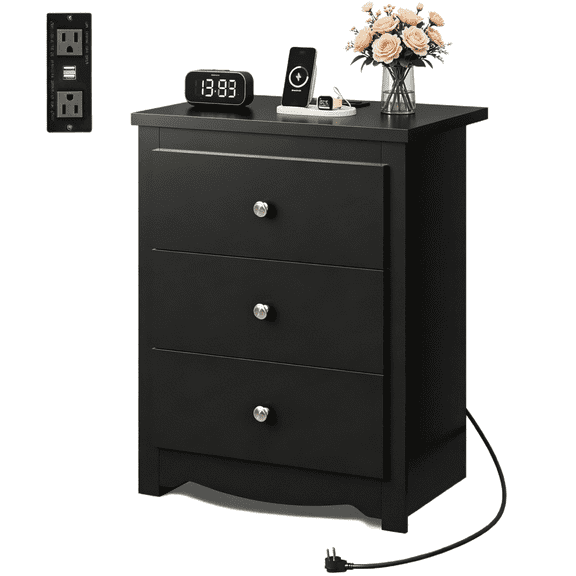 GALAXHERO Tall Black Nightstand with Charging Station and 3 Drawers, Wood Bedside End Table with 2 USB Ports & 2 AC Outlets for Bedroom Living Room Dorm