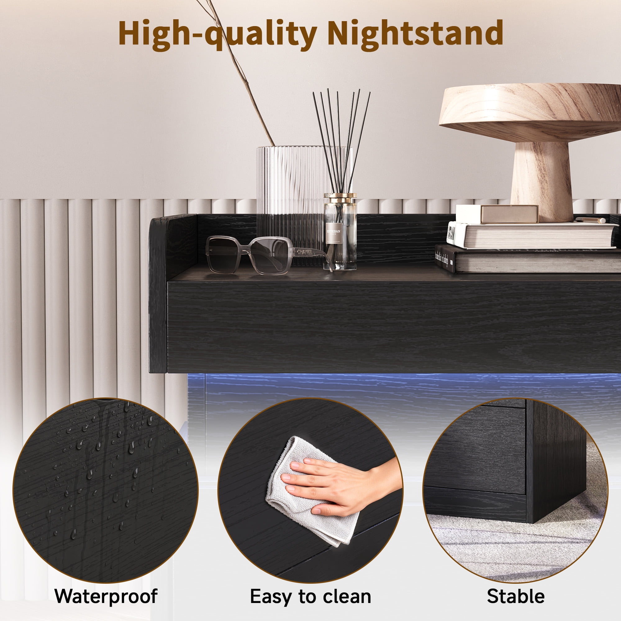 NEGYLIM Nightstand with Charging Station & Multi-Color LED Lights, Bedside Tables for Bedroom Modern Style with 2 Wooden Drawers & a Sliding Top, End Tables for Living Room, Black