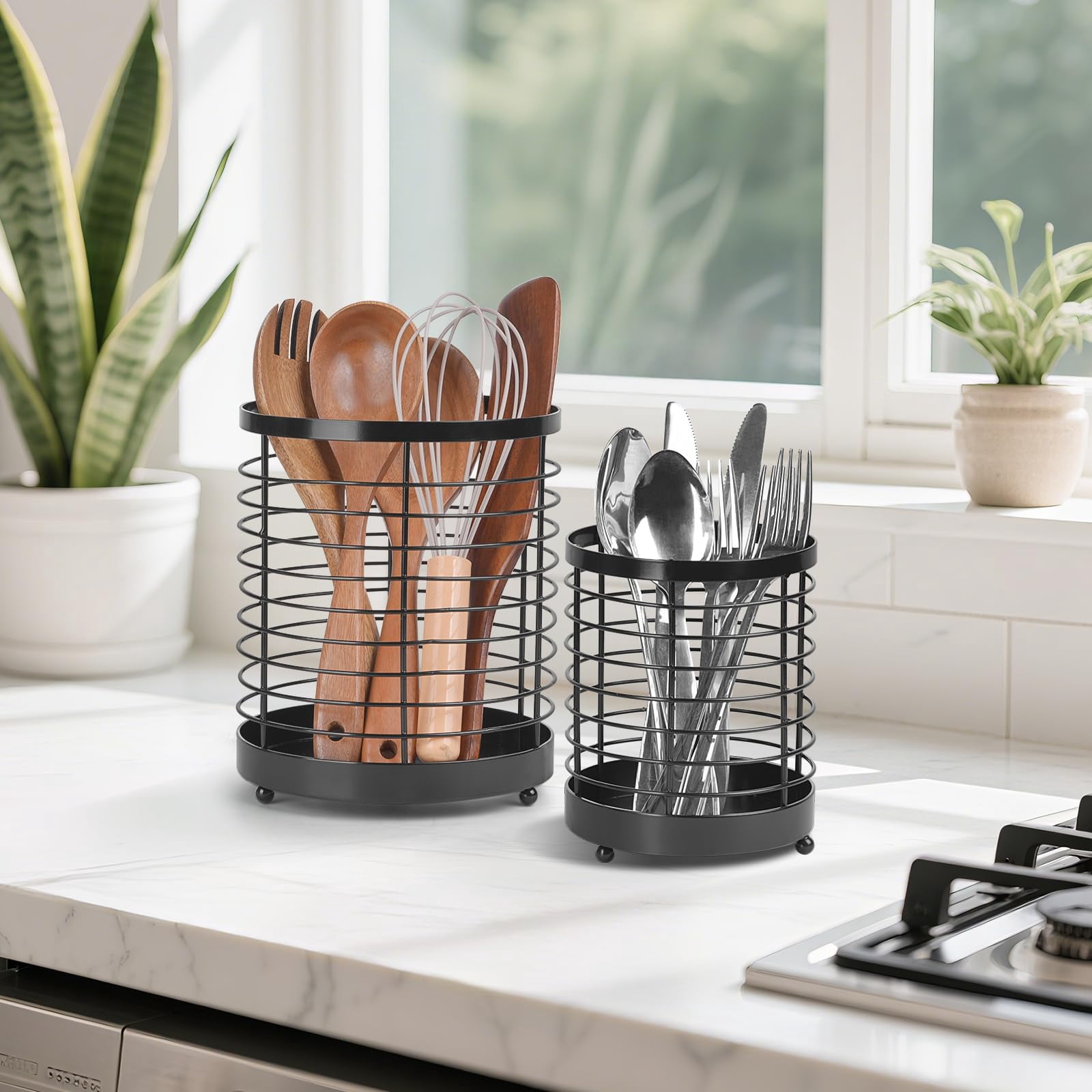IWNTWY Utensil Holder, 2 Pack 7.7" + 6" Stainless Steel Large Cooking Utensil Crocks Organizer for Countertop