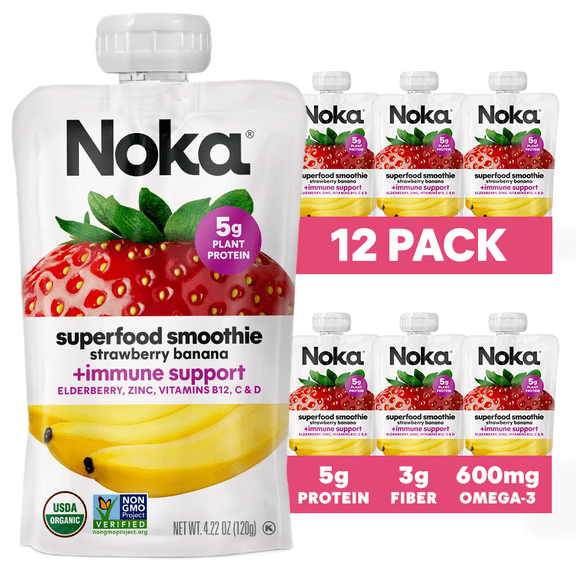 Noka Organic Strawberry Banana Smoothie, 4.22 oz Fruit Pouches, 12 Count Smoothie Drinks