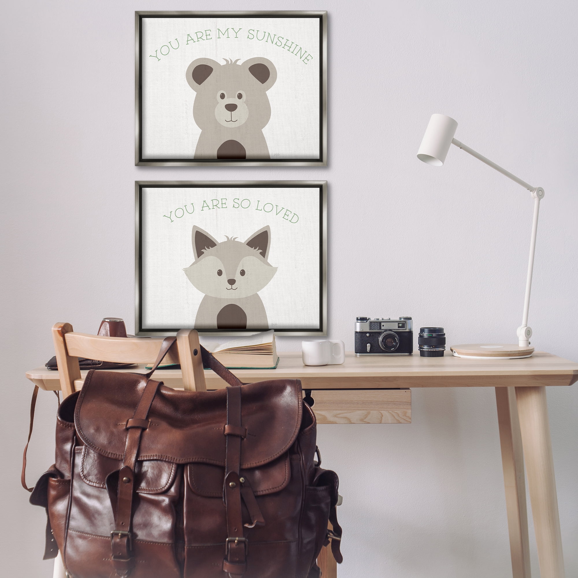 Stupell Industries Uplifting Kid's Animal Quotes Animals Painting Gray Floater Framed Canvas Art Print Wall Art, 31 x 25, Set of 2