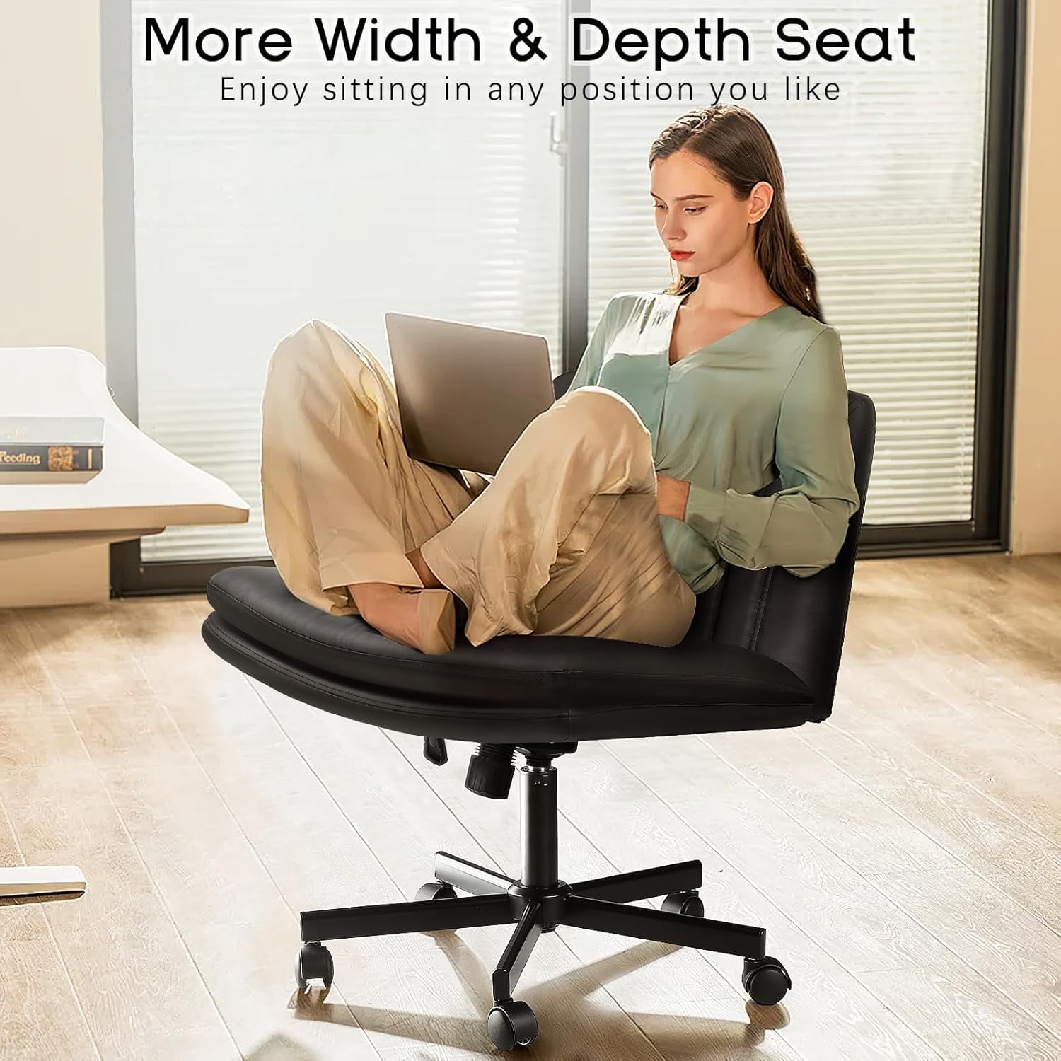 Waleaf Criss Cross Chair with Wheels,PU Leather Padded Armless Cross Legged Office Desk Chair for Home Office