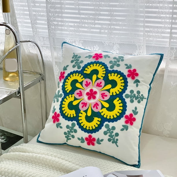 Fiudx Funda de Almohada Floral con Diseño de Bordado Vibrante, Tela de Lino Suave con Cremallera Invisible, Decoración de Sofá para El Hogar, Elegante Accesorio para La Sala de Estar, Fácil de Limpia