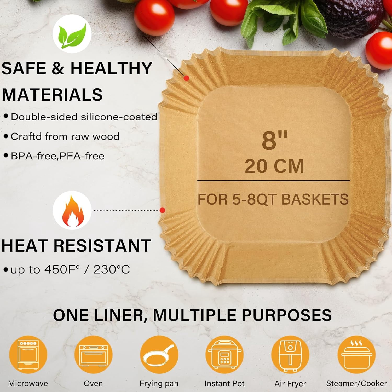 600 Pieces Air Fryer Paper Liners Disposable, 8 Inch Square Parchment Paper Liners for Air Fryer Basket, Non-Stick Airfryer Liners for 5-8QT Air fryer, Baking, Roasting and Microwave