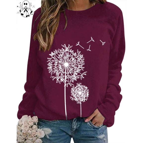 Women Dandelion Print Pullover Crew Neck Long Sleeves Casual Loose Sweatshirt