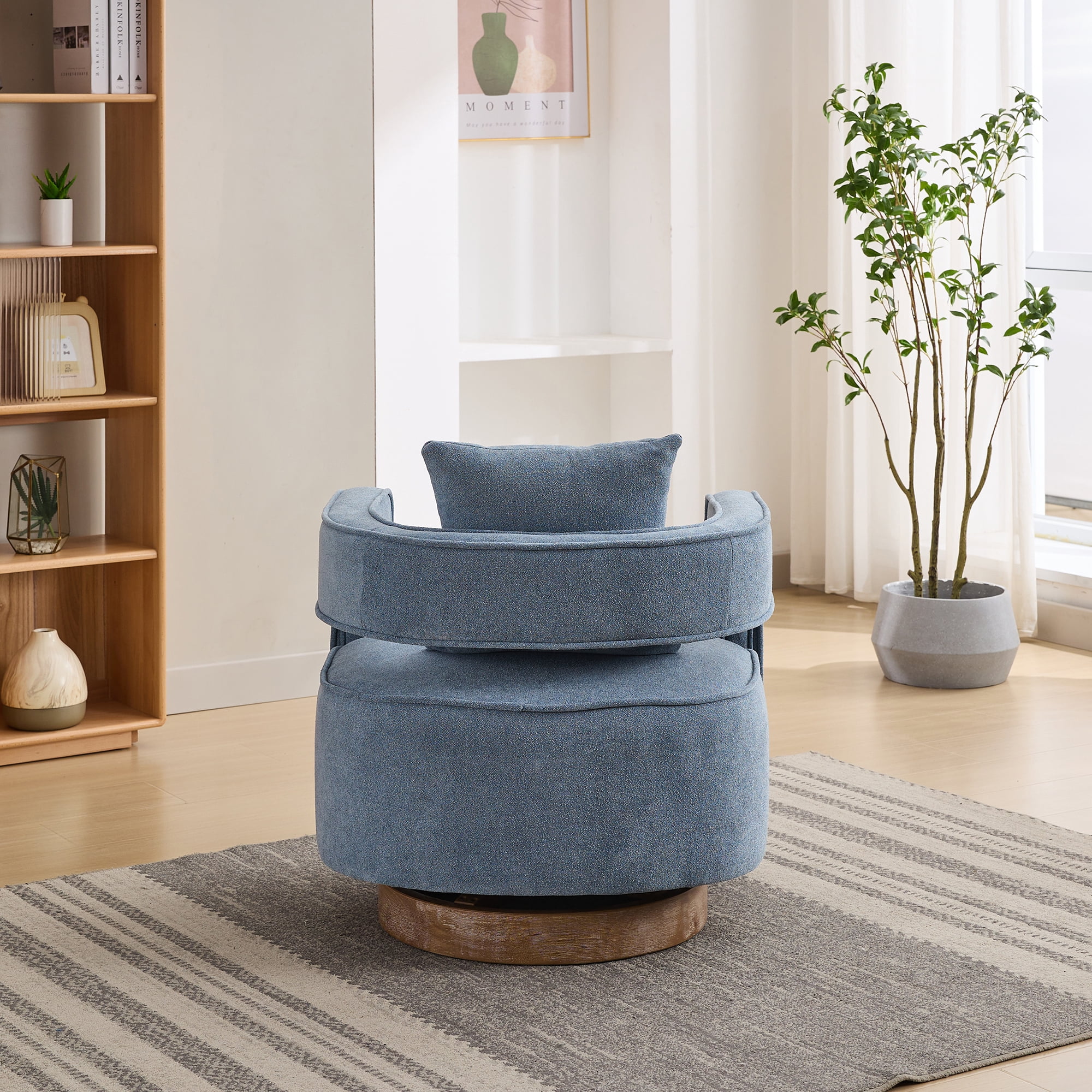 Leumius Swivel Accent Chair with Open Back,Modern Single Sofa Chair With Weathered Base for Nursery Bedroom Living Room Hotel Office, Club Chair Leisure Arm Chair for Lounge,Blue Linen Blend