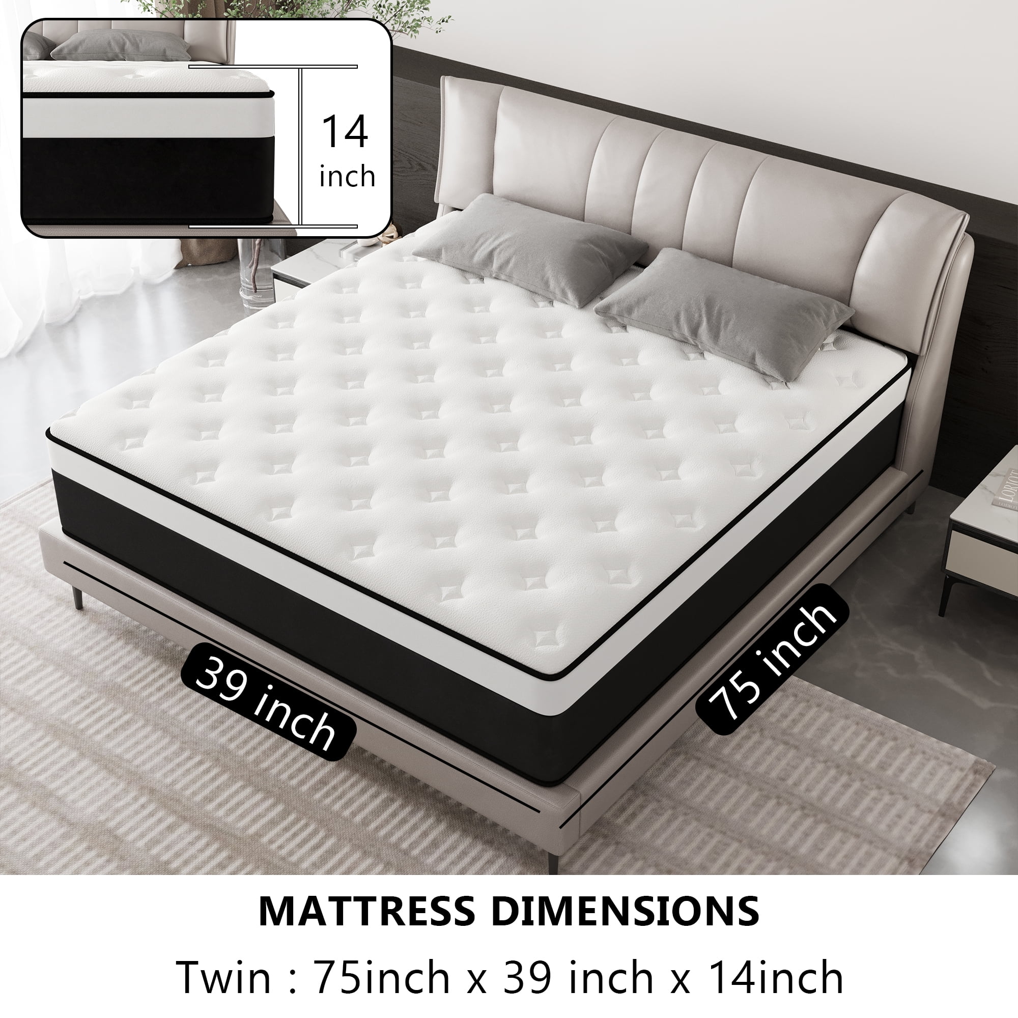 OPV Twin Mattress 14-inch Hybrid Mattress Medium-Firm Bed Mattress in a Box Individually Pocketed Springs Memory Foam Layers Motion Isolation & Comfort Sleep