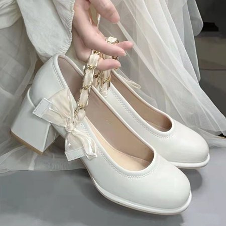 

Women‘s Bow Decor Chunky Heeled Faux Patent Leather Mary Jane Shoes