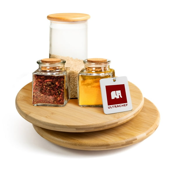 2 Piezas Bandeja Giratoria Lazy Susan de Bambú Ultrachef, Charola Organizadora de Cocina para Especias, Botanero, Base Giratoria para Mesa, Almacenamiento, 25cm