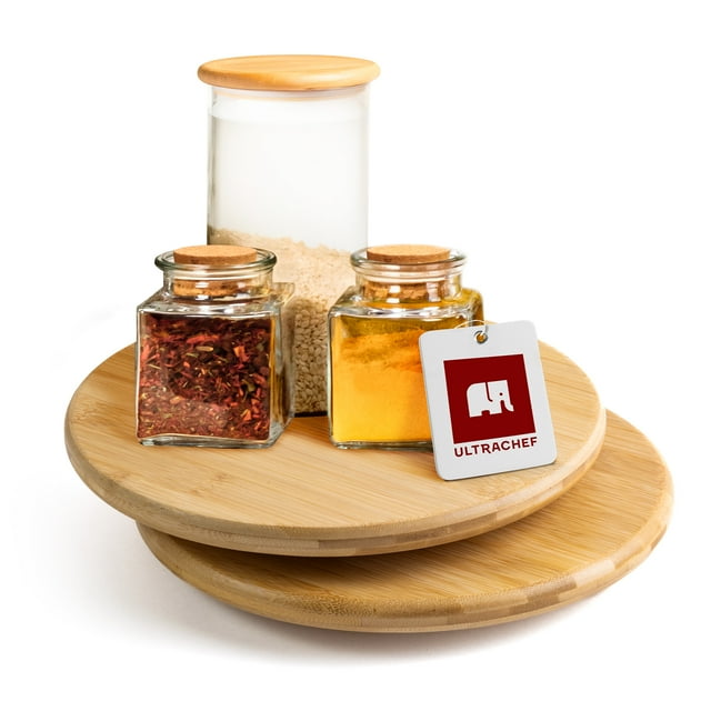2 Piezas Bandeja Giratoria Lazy Susan de Bambú Ultrachef, Charola Organizadora de Cocina para Especias, Botanero, Base Giratoria para Mesa, Almacenamiento, 25cm