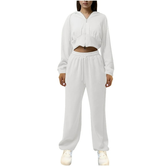 Women 2 Piece Sports Set Hooded Drawstring Full Zip Cropped Jackets Elastic Waist Sweatpant Casual Loose Outfits (XL, White)