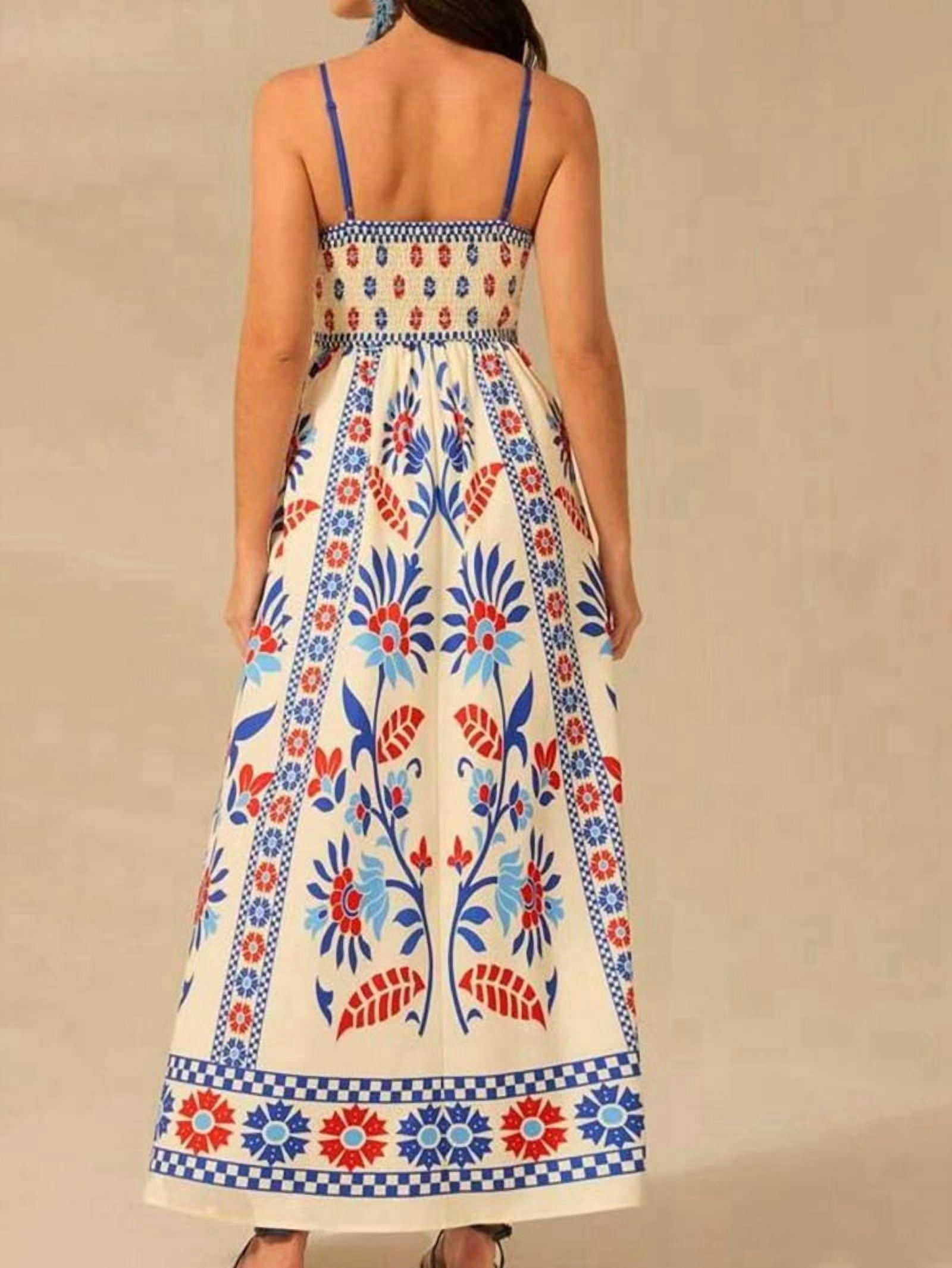 Womens 2025 Summer Floral Maxi Dress Sleeveless Spaghetti Strap Printed Smocked Boho Beach Long Dress Red & Blue XL