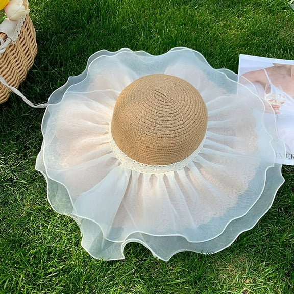Zhengsping Lace Large Brimmed Straw Hat For Women, Summer Beach Sun Shading And Sun Protection Hat, Straw Woven Full Face UV Protection Hat