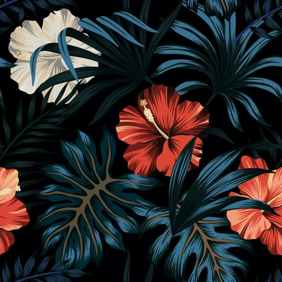 MuralsPrint Red and White Hibiscus Floral Removable Wallpaper - 10'ft H x 24''inch W