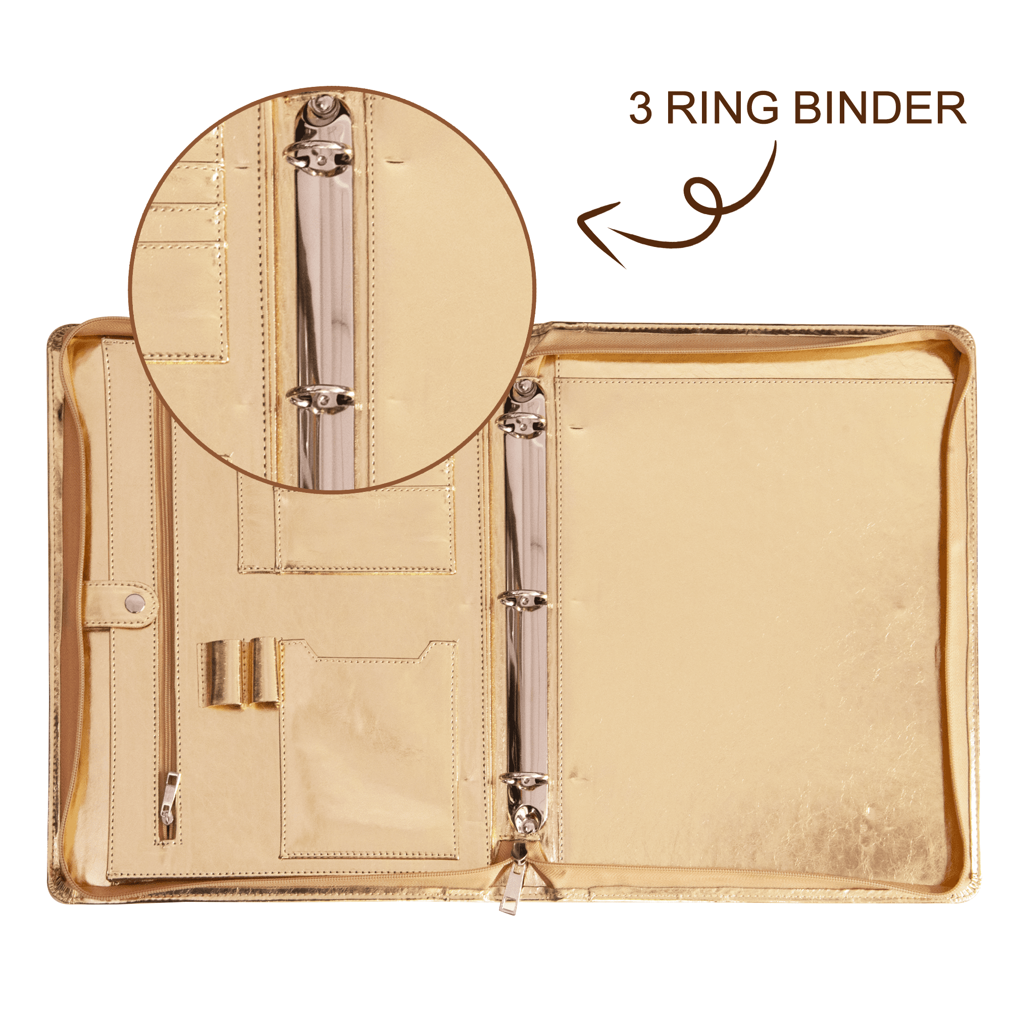 Spotlight Golden Portfolio 3 Ring Binder, Vegan Leather Portfolio Binder with Zipper, Business Padfolio Organizer Notepad Holder,Folder with Tablet Sleeve for ipad Pro 13 MacBook