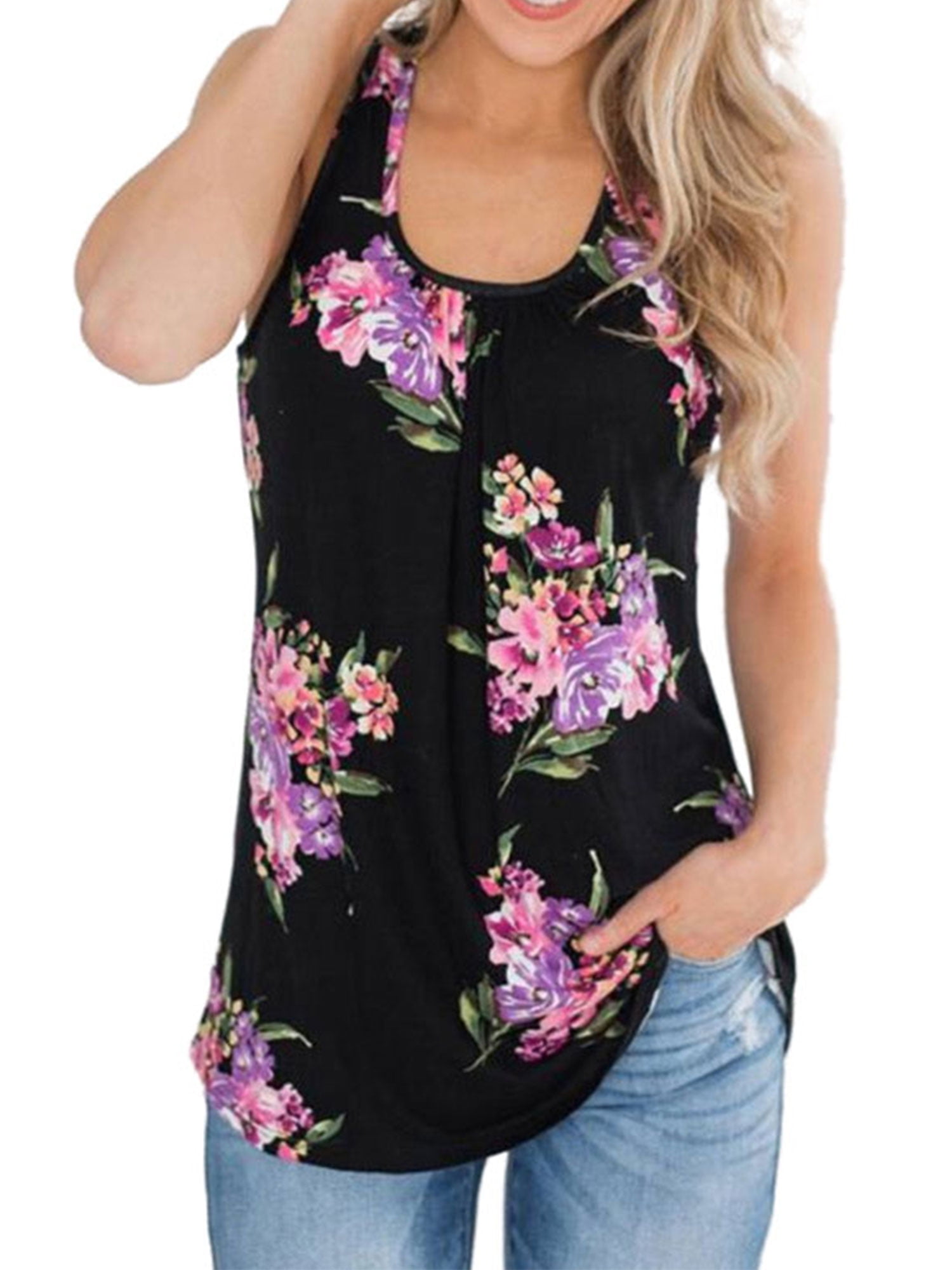 HIKO23 Women Ladies O Neck T-Shirt Sleeveless Floral Print Casual Tops Blouse Vest Tank