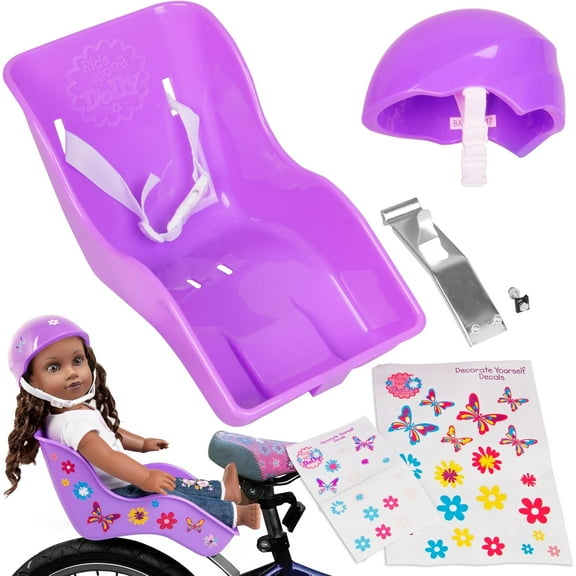 Ride Along Dolly Purple Doll Bike Seat and Helmet for American Girl and 18 in Dolls- w Decorate Yourself Decals for DIY Kids Bike Accessories - Fun Gift Ideas to Fill Your Easter Basket!