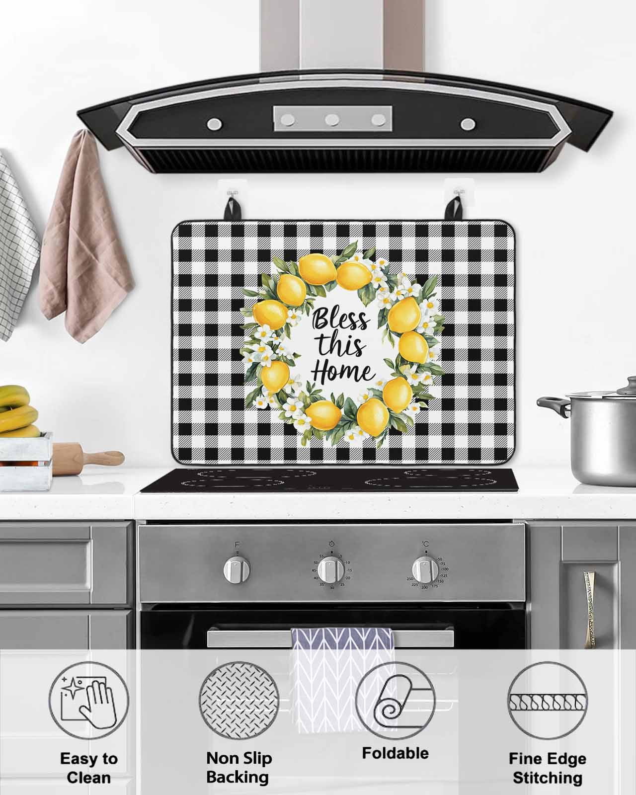 nqOlkjepod Large Induction Cooktop Protector Mat 24"x21", Summer Lemon Stove Top Covers for Electric Stove, Farmhouse Country Black White Check Stove Burner Cover Mats, Glass Top Stove Cover