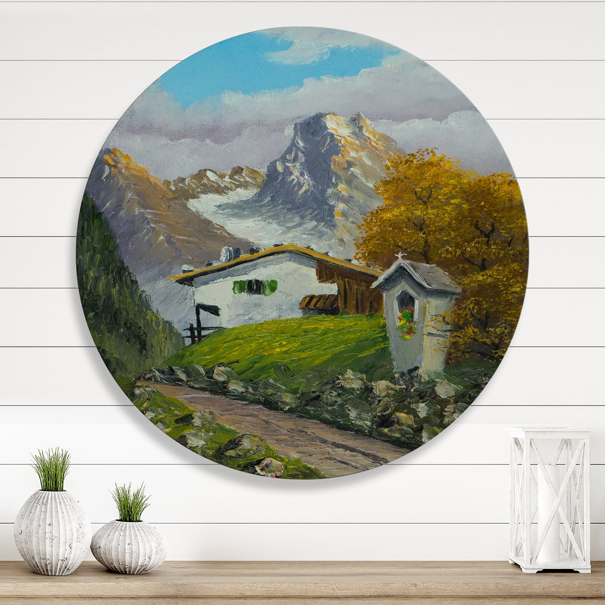 Designart 'The Path Leading To A House Along Wayside Shrine' Farmhouse Circle Metal Wall Art 11x11 - Disc of 11