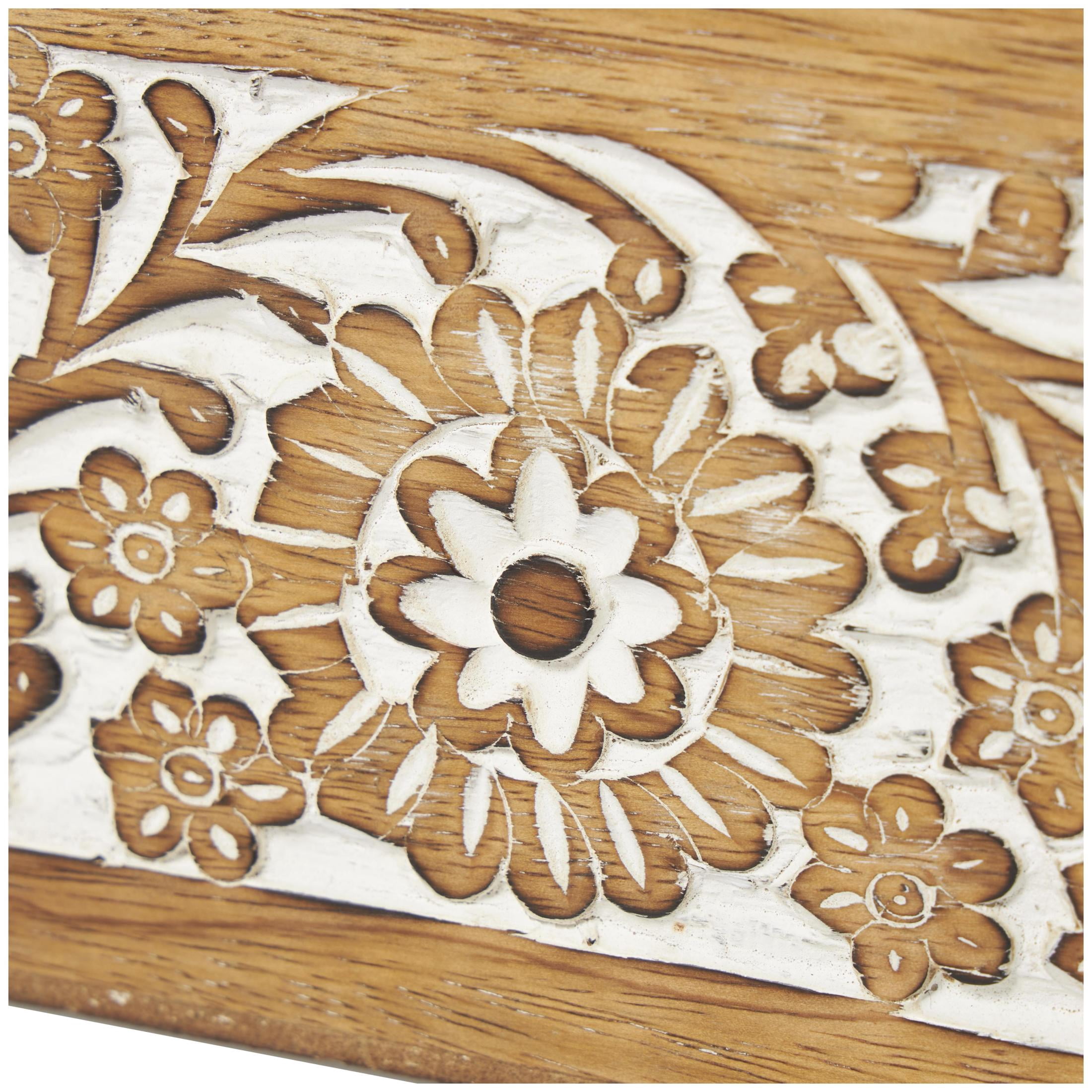 DecMode Coastal Carved Flower Wooden Decorative Box with Natural Brown Finish, Set of 3 8" , 10", 12"H