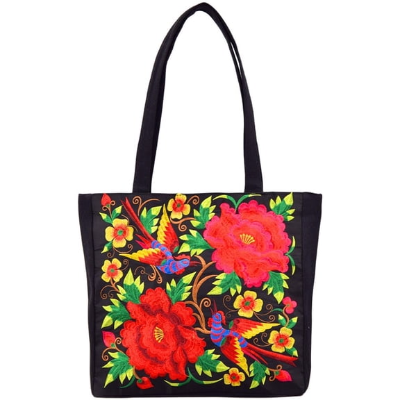 Jiibva Ethnic Style Embroidery Shoulder Bag Handbag Retro Peony Tote Shopping Bag Large Capacity Literary Canvas Bag Crossbody Hobo Crossbody Bag for Women