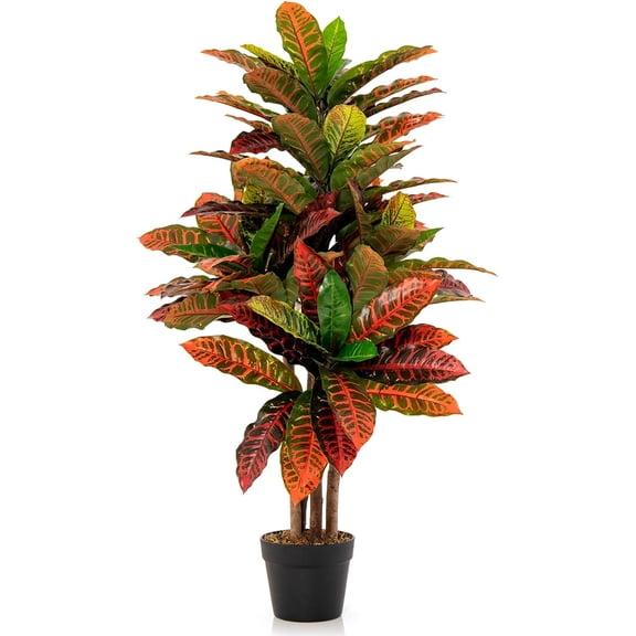 QRKD 40” Artificial Croton Plant, Greenery Potted Plant with Colorful Leaves, Natural Wood Trunks, Real Touch Fake Silk Plants, Faux Croton Palm Tree in Pot for Home Office Patio