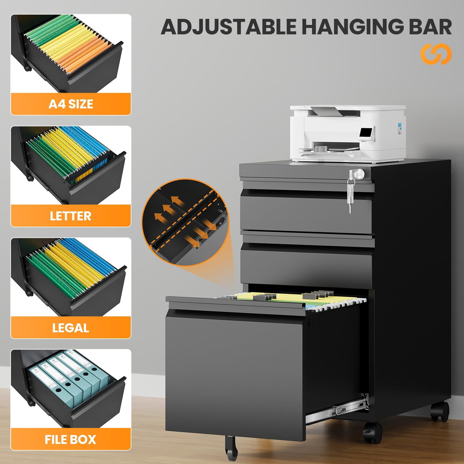 Office Rolling File Cabinet with 3 Drawers, Locking System for Security, Compact Under Desk Storage, Holds Hanging Folders (A4/Legal/Letter), Black