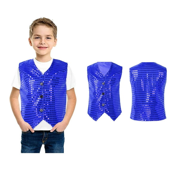 Tween Shiny Sequins Vests Sleeveless V Neck Button Waistcoat Jacket for Belly Hop Jazz Dance Party Stage Performance 10-12 Years