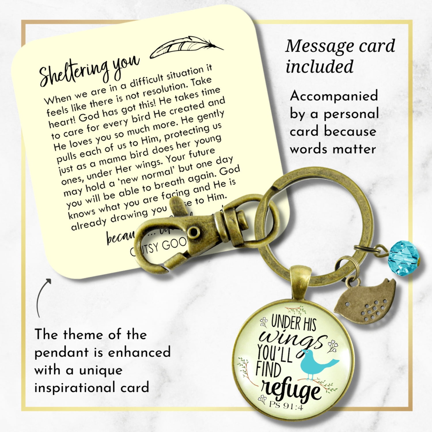 Bible Quote Gutsy Goodness Bronze Keychain Under His Wings Refuge Psalm 91 Promise Jewelry