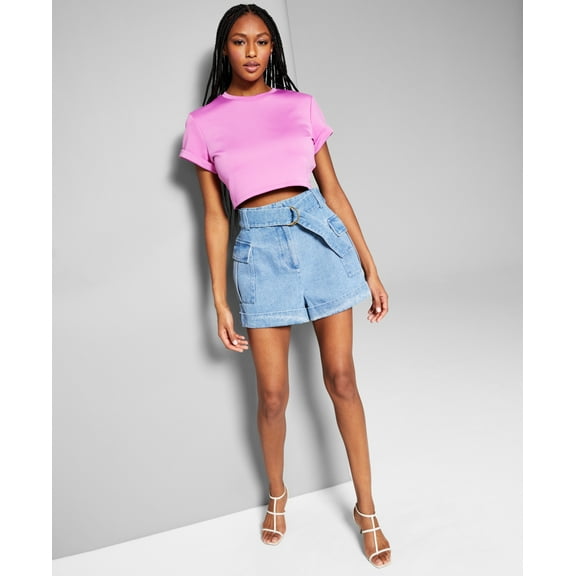 INC International Concepts Jeannie Mai X Inc Denim Belted Cargo Shorts Blue 16