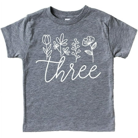 

Three Floral 3rd Birthday Shirt for Toddler Girls Third Birthday Outfit Granite Heather Shirt 4T