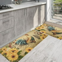 Sunflower Chicken Kitchen Mats for Floor Set of 2, Floor Mat Carpet Runner Area Rug Washable, Rooster Home Kitchen Decor and Accessories Stuff, 17x30 and 17x47 Inch