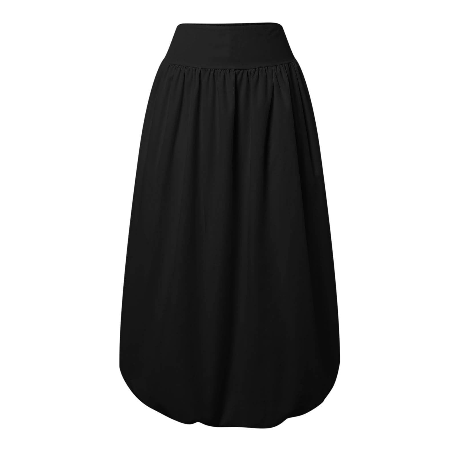 Women Bubble Maxi Skirt Summer Elastic High Waist a Line Long Skirt Casual Ruffle Pleated Midi Half Dress with Pockets Black XL