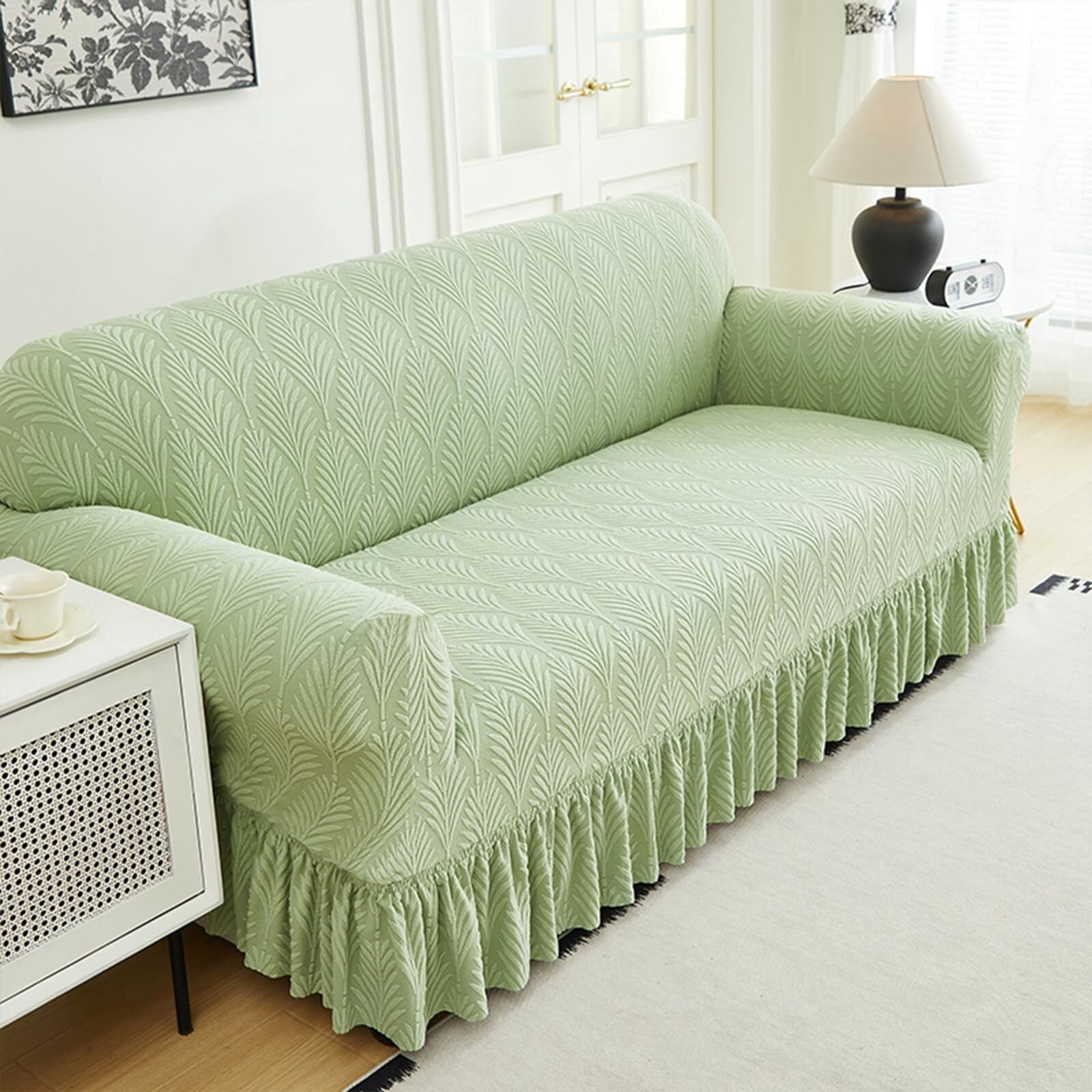 LKJYER Stretch Sofa Couch Slipcover with Skirt, Non-Slip Jacquard Universal Soft Sofa Cover with Elastic Bottom, Pet Proof Washable Breathable Furniture Protector for Living Room,
