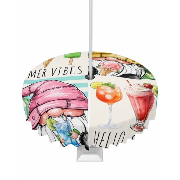 Outdoor Tablecloth with Umbrella Hole for Patio/Picnic/Party/Camping, Summer Gnomes Waterproof Table Cloth Round Cover Washable, Palm Leaves Ice Cream Splicing Dia 54"