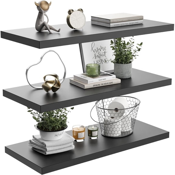 Dumekko Large Floating Shelves for Wall Set of 3 Wooden Wall Shelves 30 in x 10 in x 1 in Room Decor Long Shelf with Invisible Wall Mount Bracket for Bedroom, Kitchen, Living Room, Black