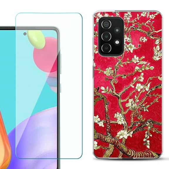 Slim-Fit Flexible Gel TPU Phone Case compatible with Samsung Galaxy A52 5G, with Tempered Glass Screen Protector, by OneToughShield ® - Almond Blossom Red