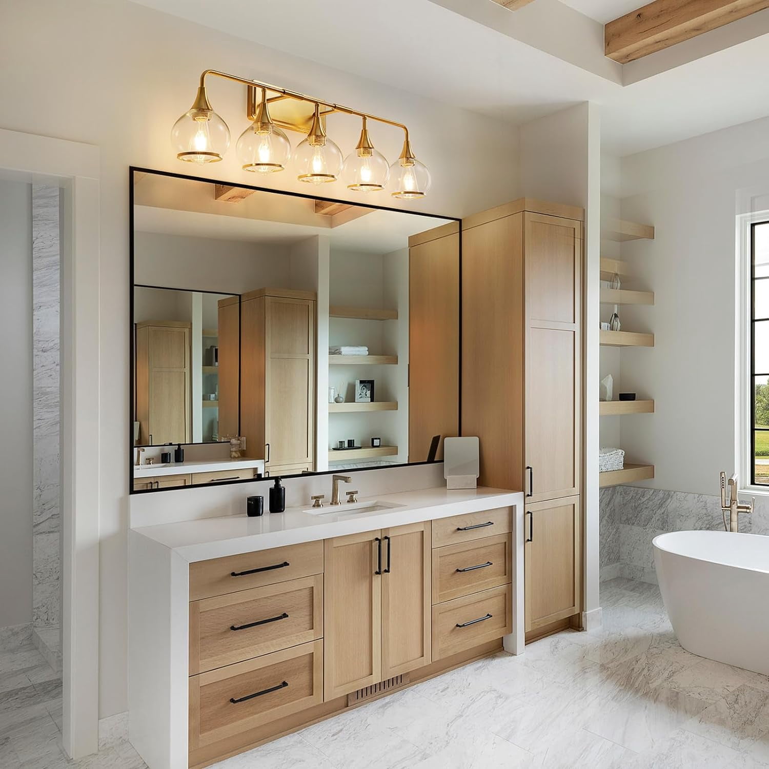 5-Lights Bathroom Light Fixtures Gold Bathroom Vanity Light Over Mirror with Clear Glass Shade Wall Sconce Lighting