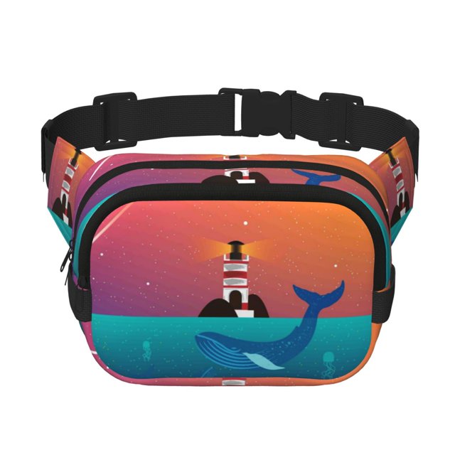 Fotbe Lighthouse and Whale Cangurera Cuadrada con Estampado de Doble Capa, Bolsa de Cintura Ajustable Mini para Hombres y Mujeres