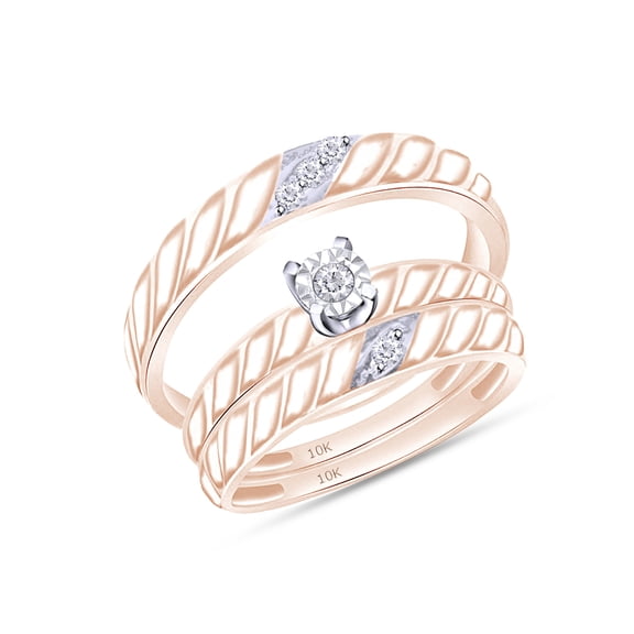 AFFY White Natural Diamond Accent Wedding Trio Band Ring Set In 10k Rose Gold (0.04 Cttw)