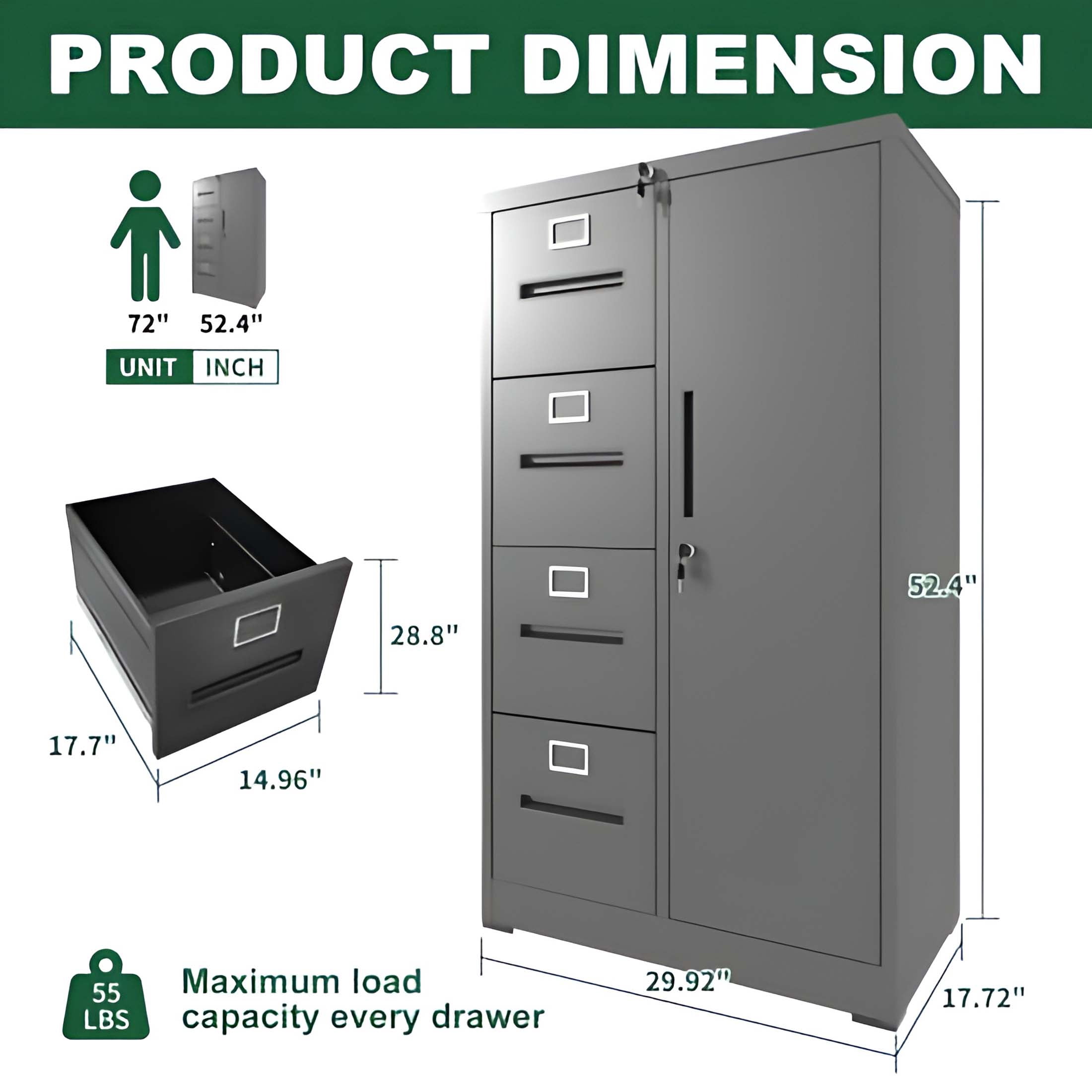 Innovation Works Lockable Metal File Cabinet with 4 Drawers & 1 Door, Storage Filing Cabinet for Home Office, A4 Legal/Letter Size, Assembly Required