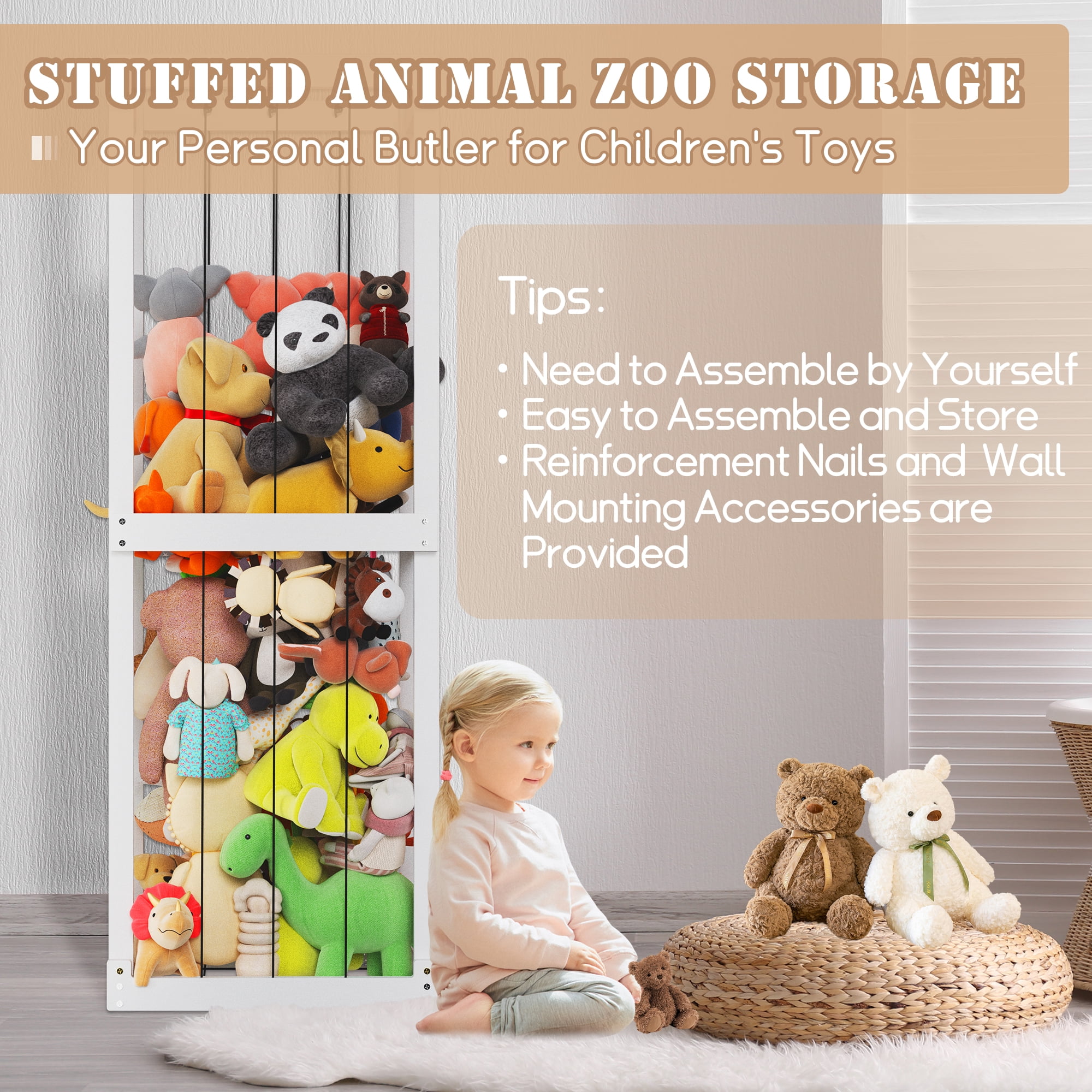 Peekabu Extra Large Stuffed Toy Storage, Stuffed Animal Holder Wooden Plush Storage, Organizer Shelf with Elastic Band for Birthday Gift for Toddler & Kid, Bedroom Decor Corner